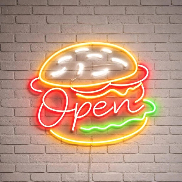 Open Burger Neon Sign for Food Outlet