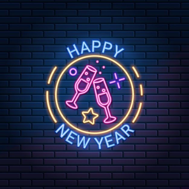 Happy new year neon sign against dark brick wall background