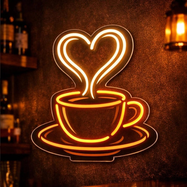 Coffee Cup Neon Sign With Heart Steam