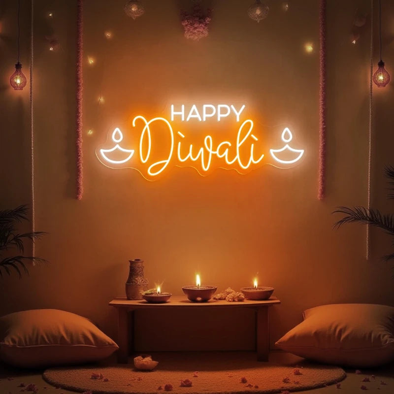Colorful Happy Diwali Diya Neon Sign