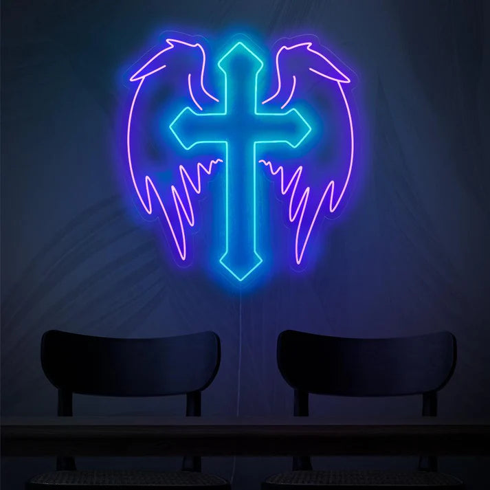 Cross with Angel Wings Neon Sign
