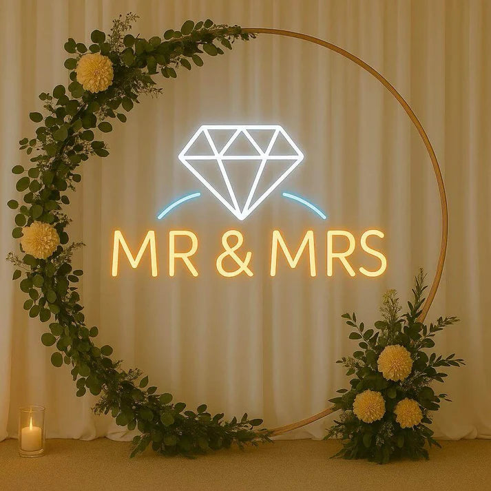 Mr & Mrs  Reception Neon Sign with Diamond Icon