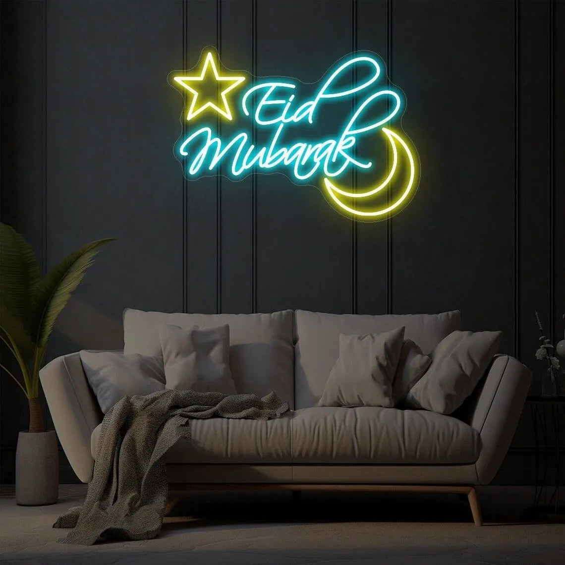 Elegant Eid Mubarak Neon Light Sign with Moon & Star Design
