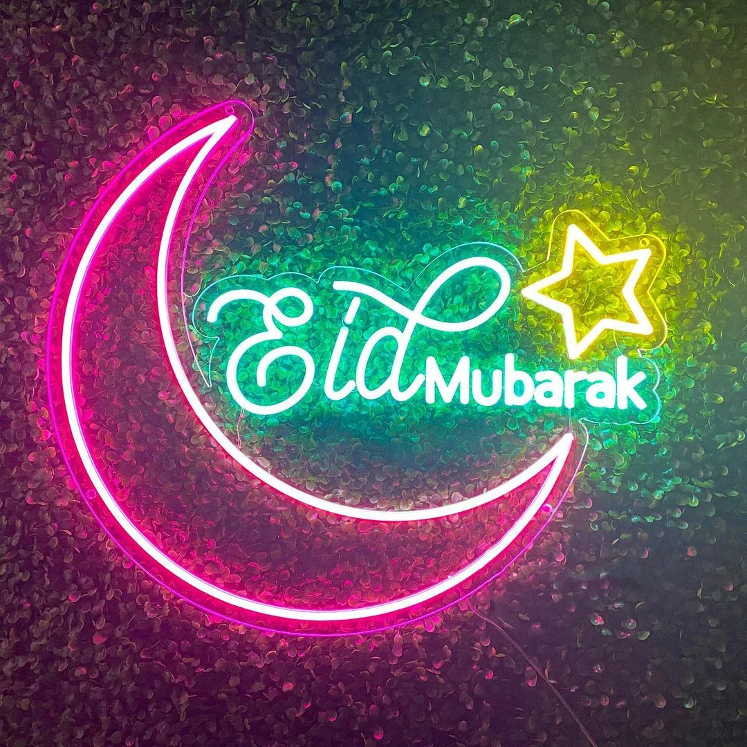 Colorful Eid Mubarak Neon Light with Moon & Star Design
