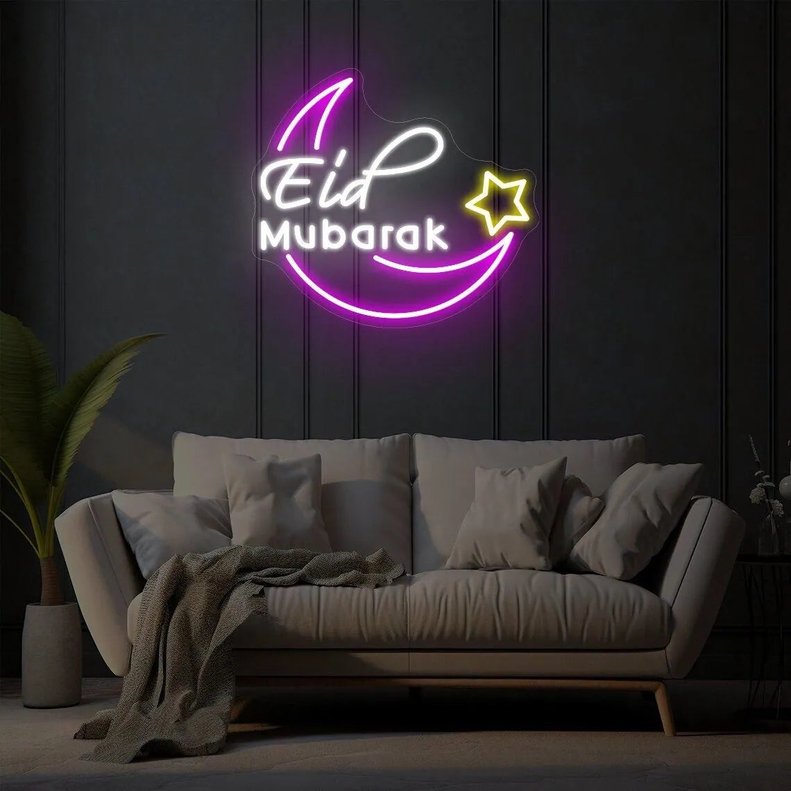 Colorful Eid Mubarak Neon Light with Moon & Star Design