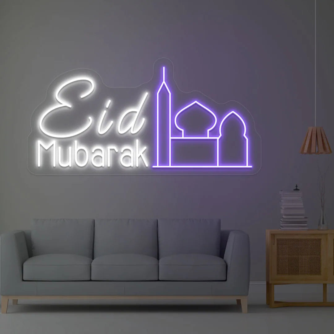 Elegant Eid Mubarak Neon Light with Mosque Design
