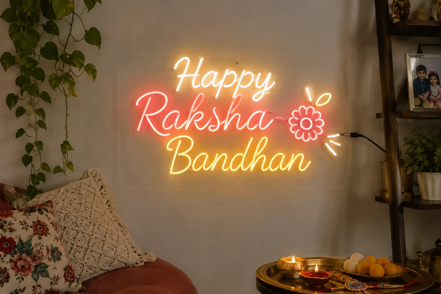 Happy Raksha Bandhan Floral LED Neon Sign for Home Decor