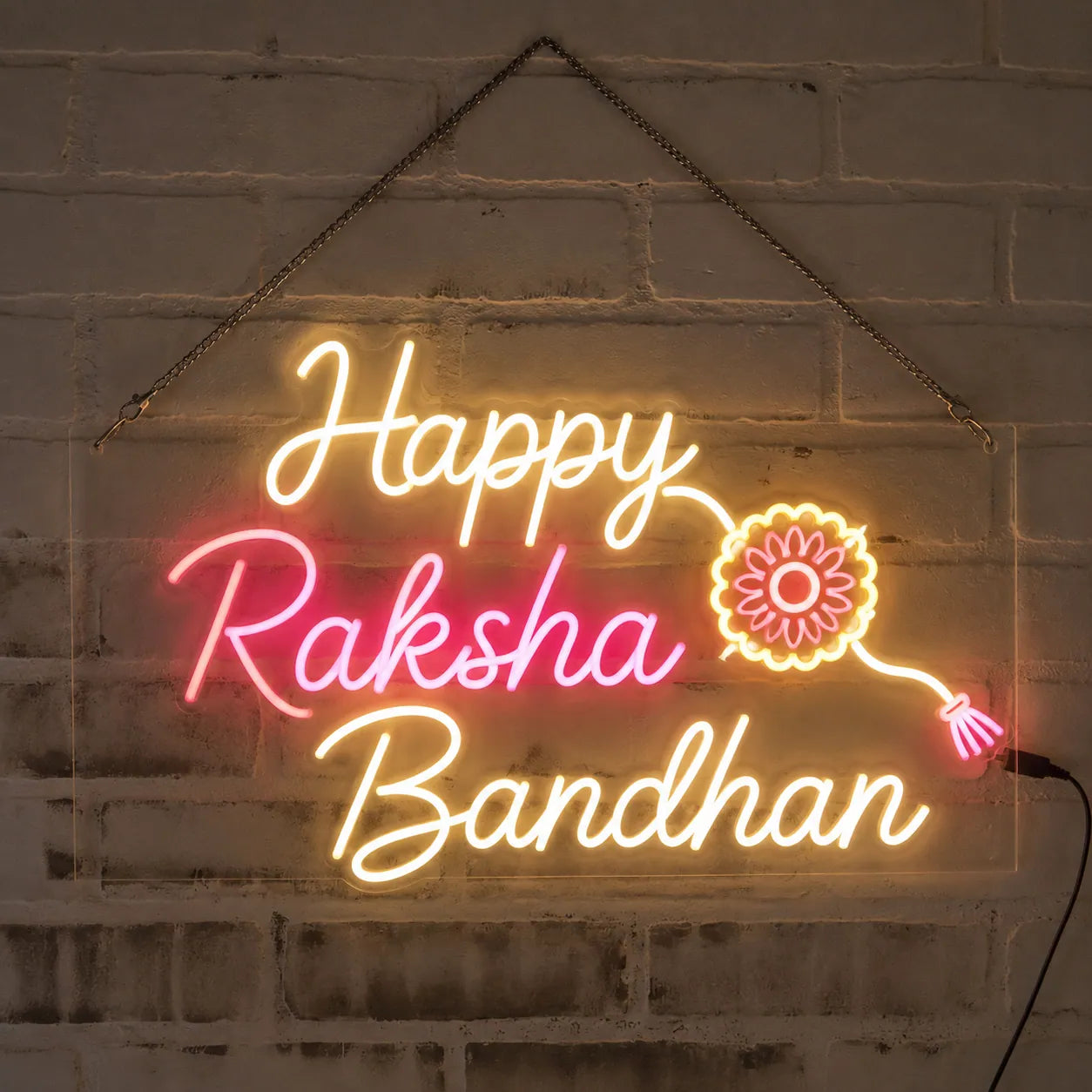 Happy Rakhi Neon Sign Wall Decor with Traditional Rakhi Design