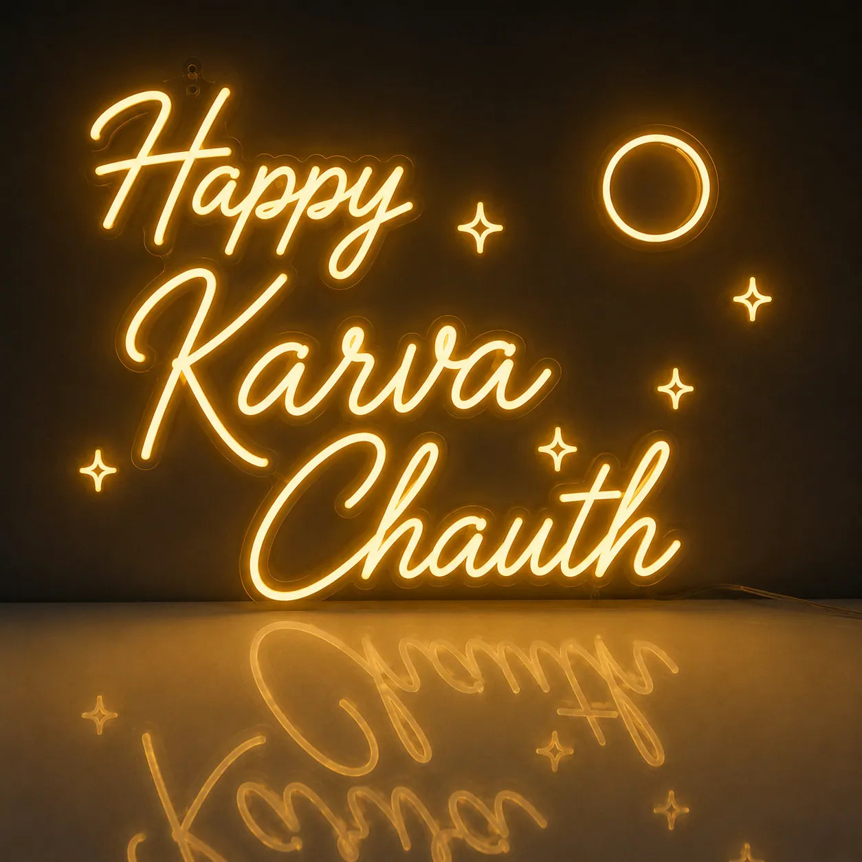 Happy Karva Chauth Neon Light with Moon Design