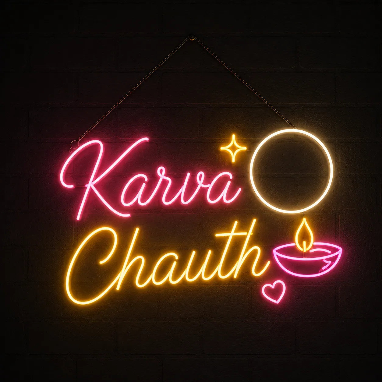 Pink & Warm White Karva Chauth Neon Sign for Home Decor