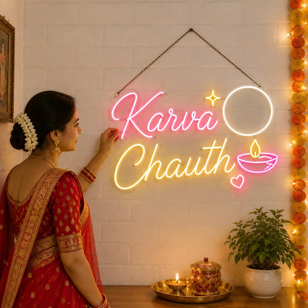 Pink & Warm White Karva Chauth Neon Sign for Home Decor