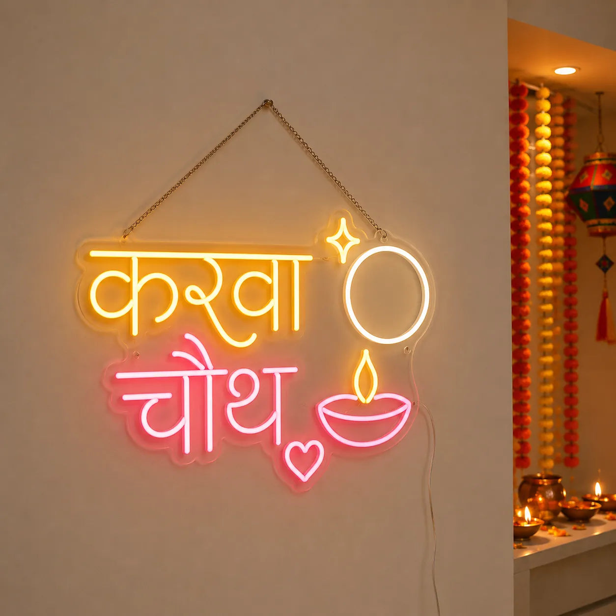 करवा चौथ LED Neon Sign with Moon & Diya Design