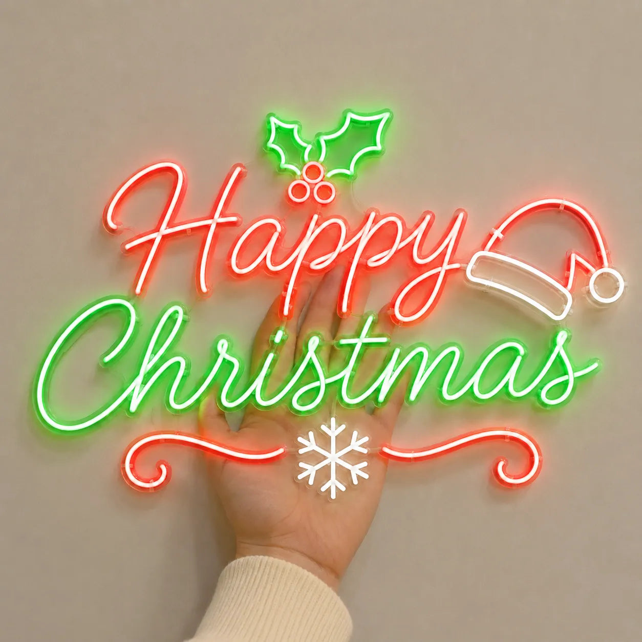 Happy Christmas LED Neon Sign with Santa Hat Design