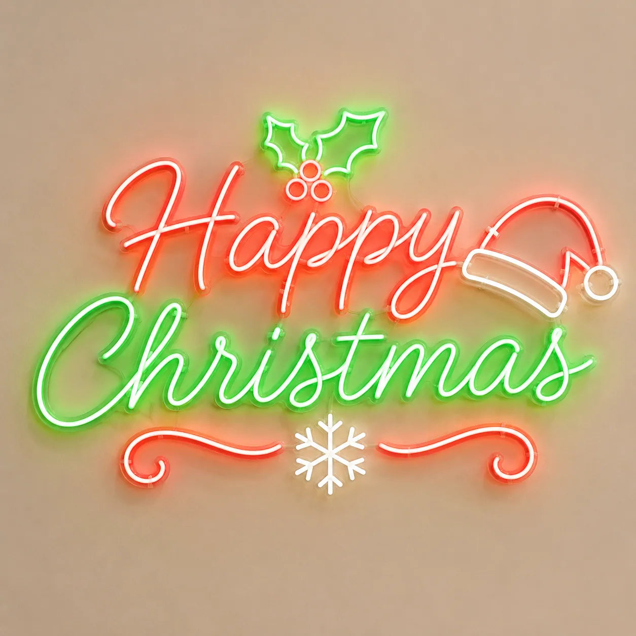 Happy Christmas LED Neon Sign with Santa Hat Design