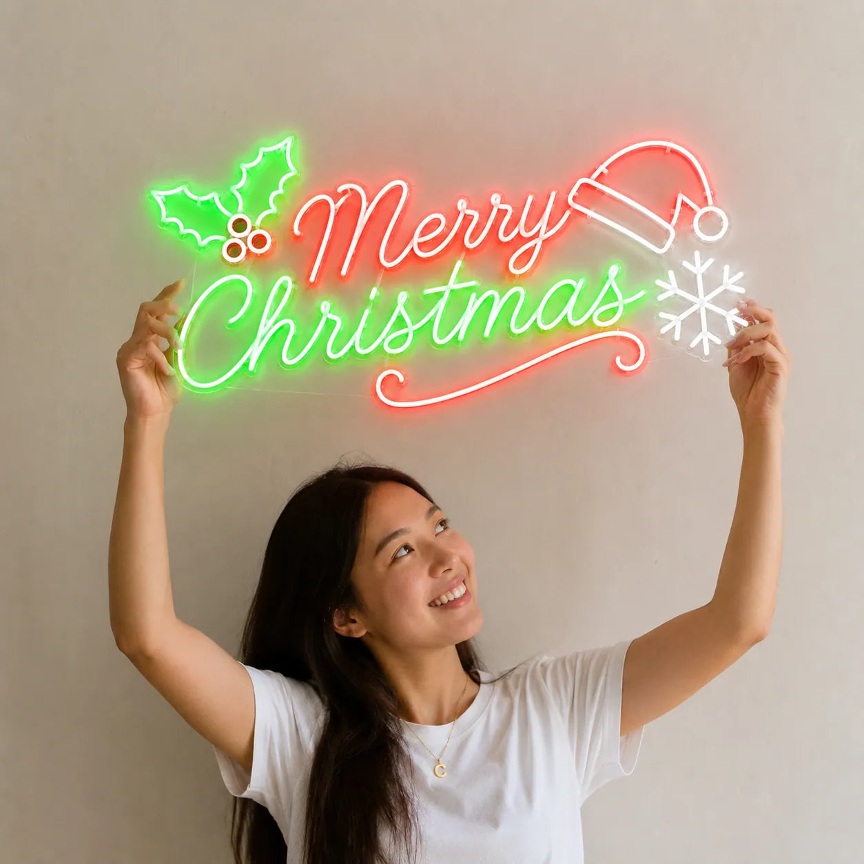 Merry Christmas LED Neon Sign with Santa Hat Design
