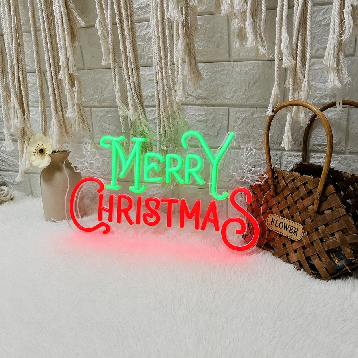 Merry Christmas LED Neon Sign with Holly Leaves Design