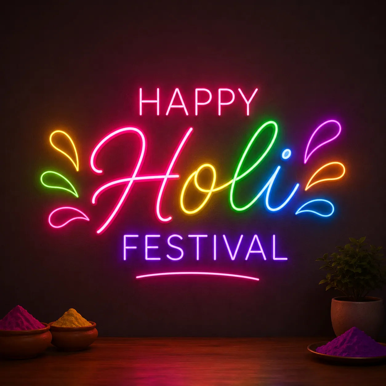 Multicolor Happy Holi Neon Light for Festival Ambiance