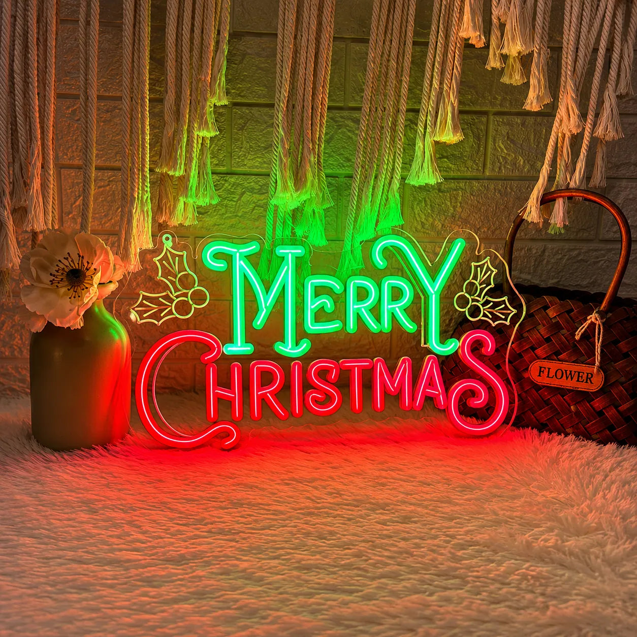 Merry Christmas LED Neon Sign with Holly Leaves Design