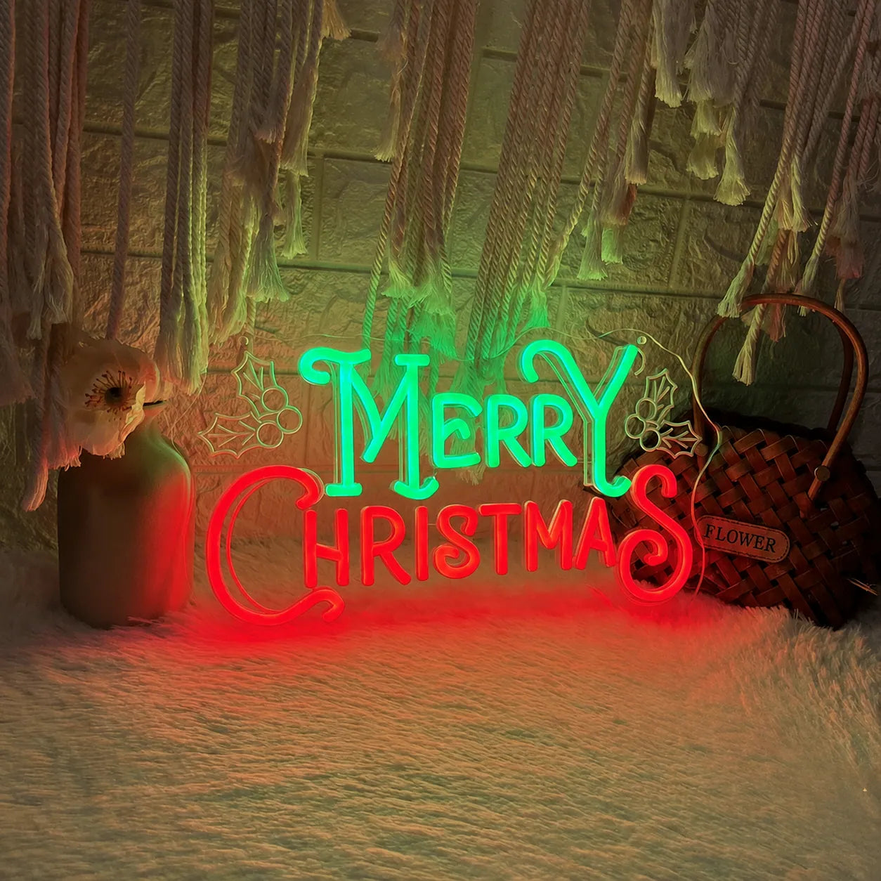 Merry Christmas LED Neon Sign with Holly Leaves Design