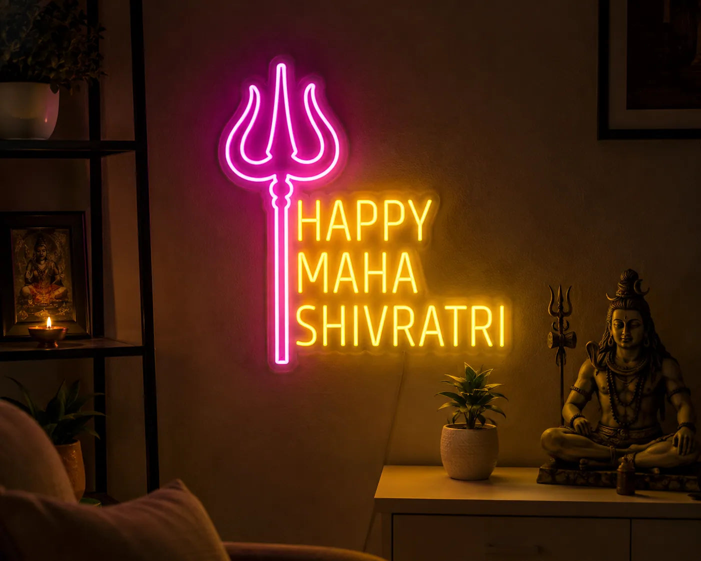 Happy Maha Shivratri LED Neon Sign with Trishul Design