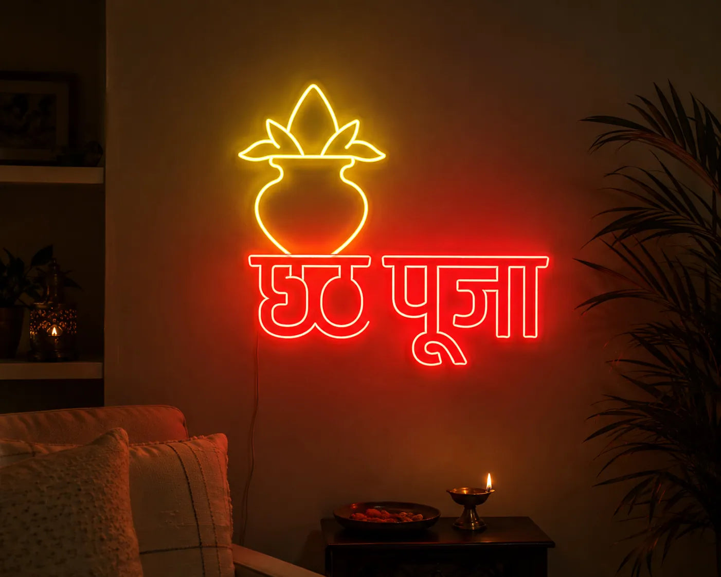 Chhath Puja LED Neon Sign with Kalash Design