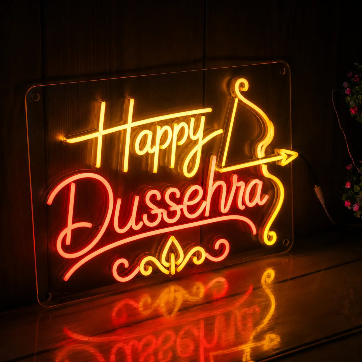 Happy Dussehra LED Neon Sign with Bow and Arrow Design