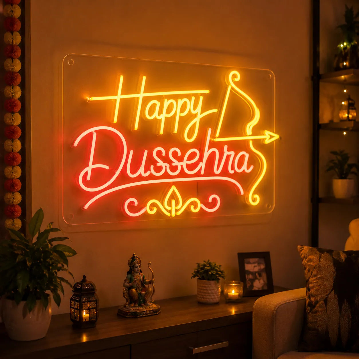 Happy Dussehra LED Neon Sign with Bow and Arrow Design