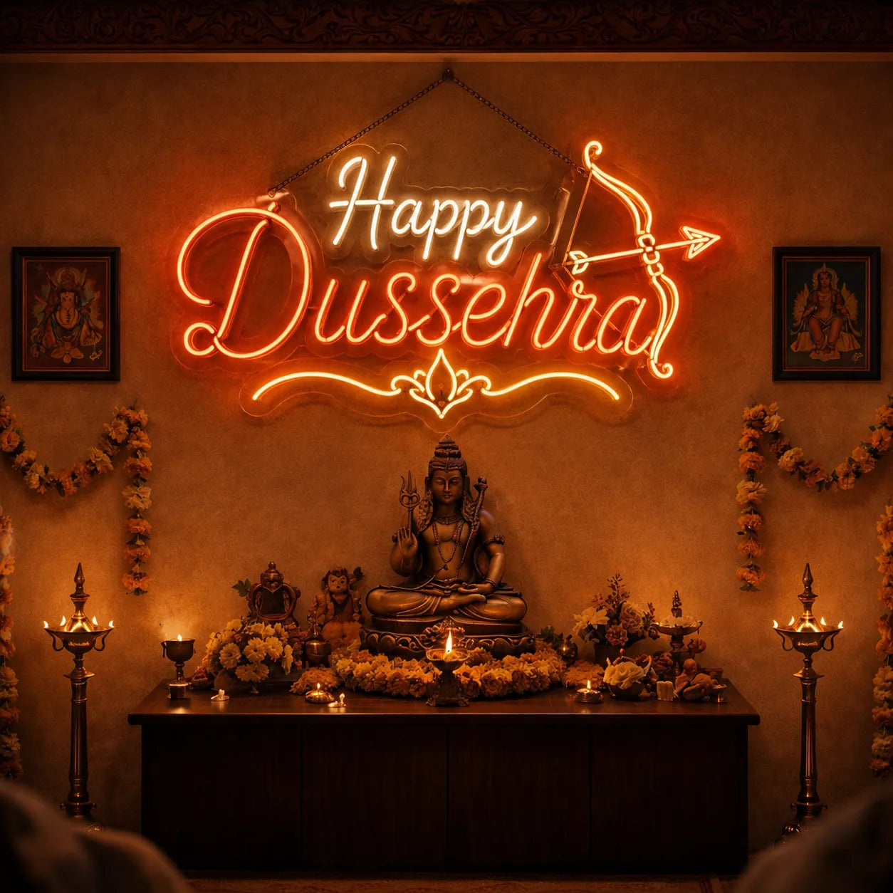 Traditional Dussehra Neon Light with Bow and Arrow Symbol
