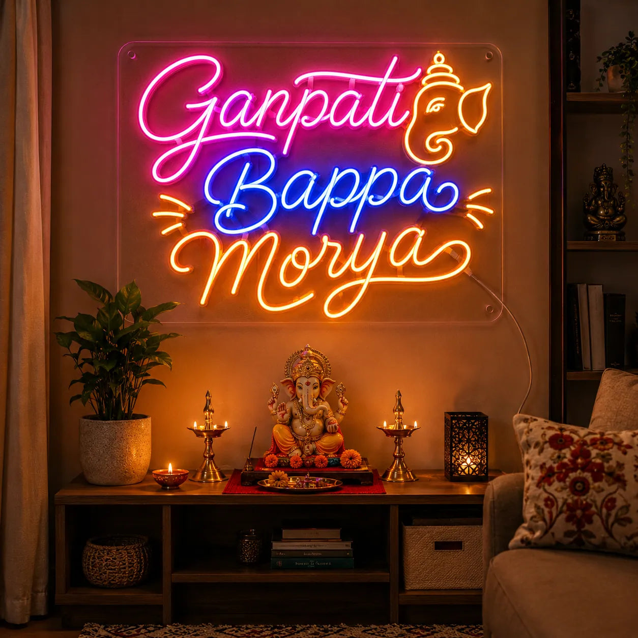 Ganpati Bappa Morya Neon Wall Art for Festive Celebrations