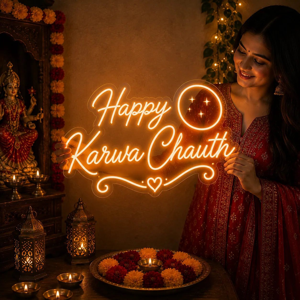 Happy Karwa Chauth LED Neon Sign for Festive Home Decor