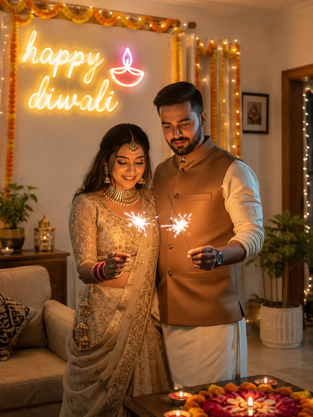 Happy Diwali LED Neon Sign for Couple Home Celebration