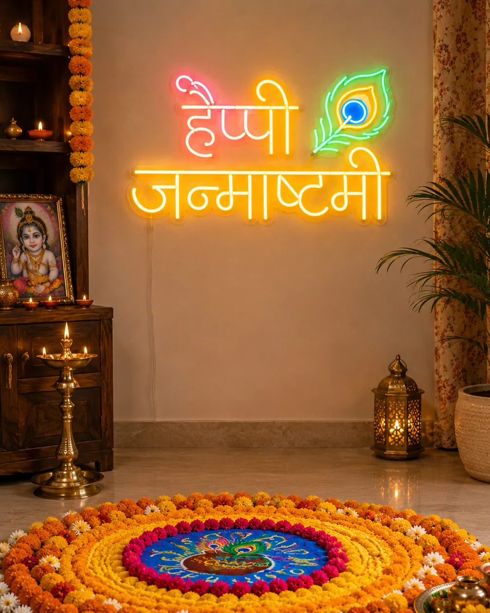 Krishna Janmashtami Neon Light Sign with Peacock Feather Design