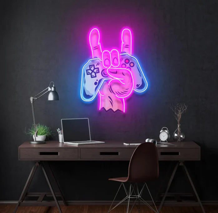 Gamer Hand Neon Sign – LED Wall Light for Game Room