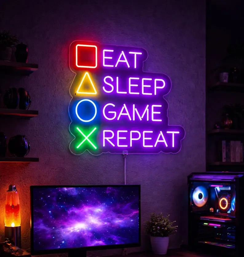 Eat Sleep Game Repeat LED Neon Wall Light for Gamer Setup
