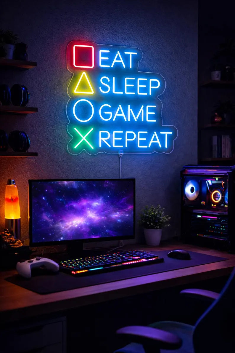 Eat Sleep Game Repeat LED Neon Wall Light for Gamer Setup