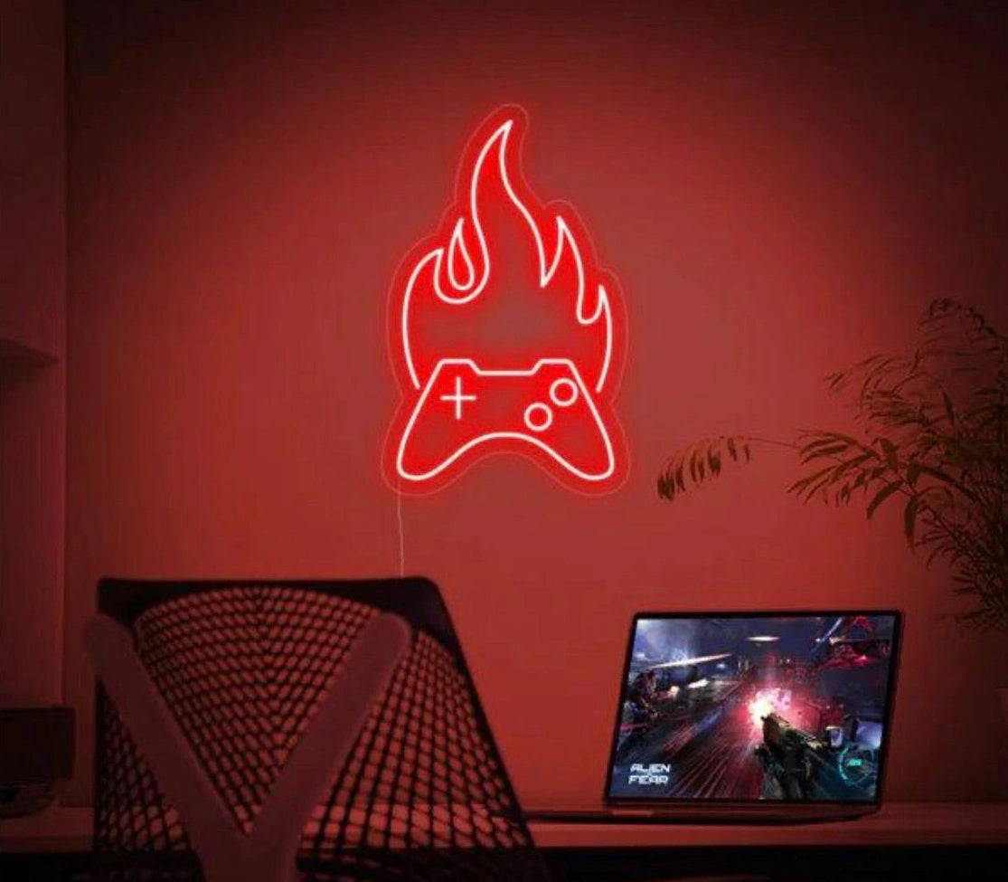 Flaming Controller – Red Gaming Neon Wall Sign Game Room