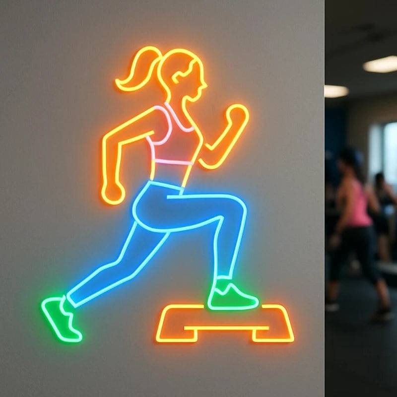 Girl Exercising Using Step Platform Neon Sign