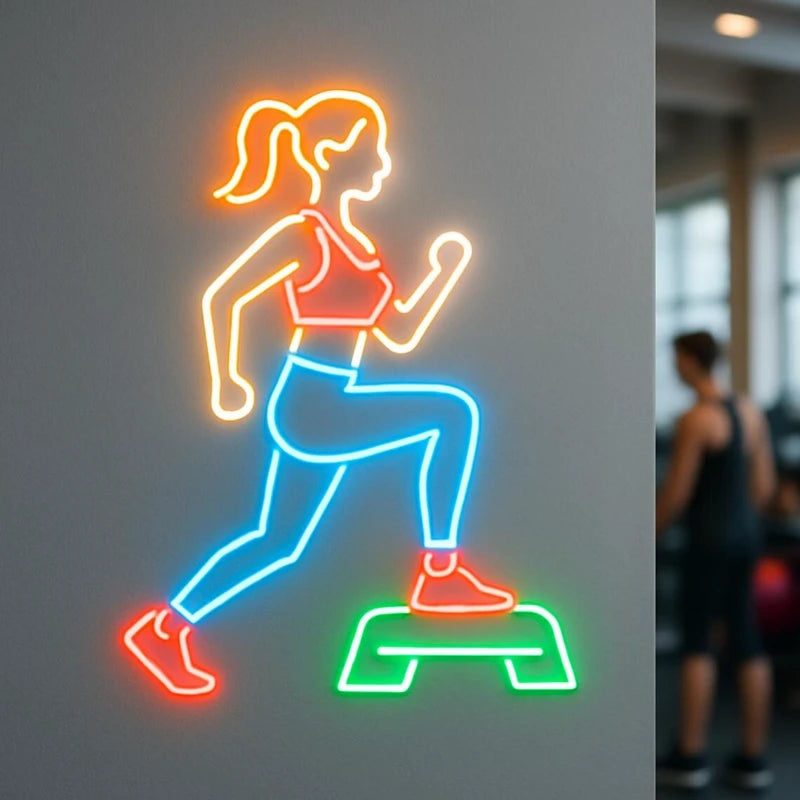 Girl Exercising Using Step Platform Neon Sign