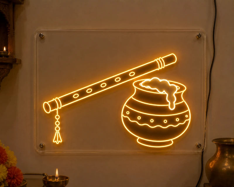 Krishna Flute And Matka Neon Sign