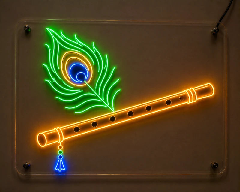 Krishna Flute With Peacock Feather Neon LED