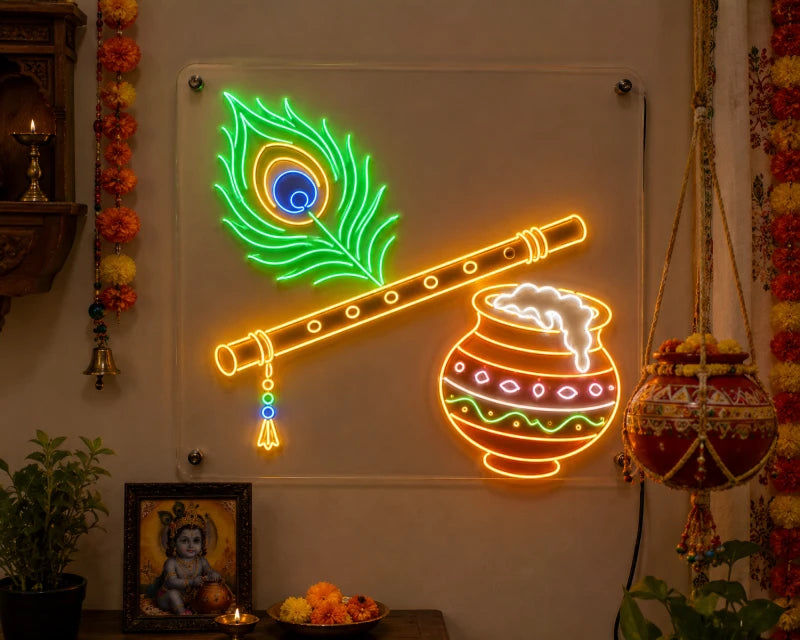 Krishna Janmashtami Neon Light Sign With Peacock Feather Design