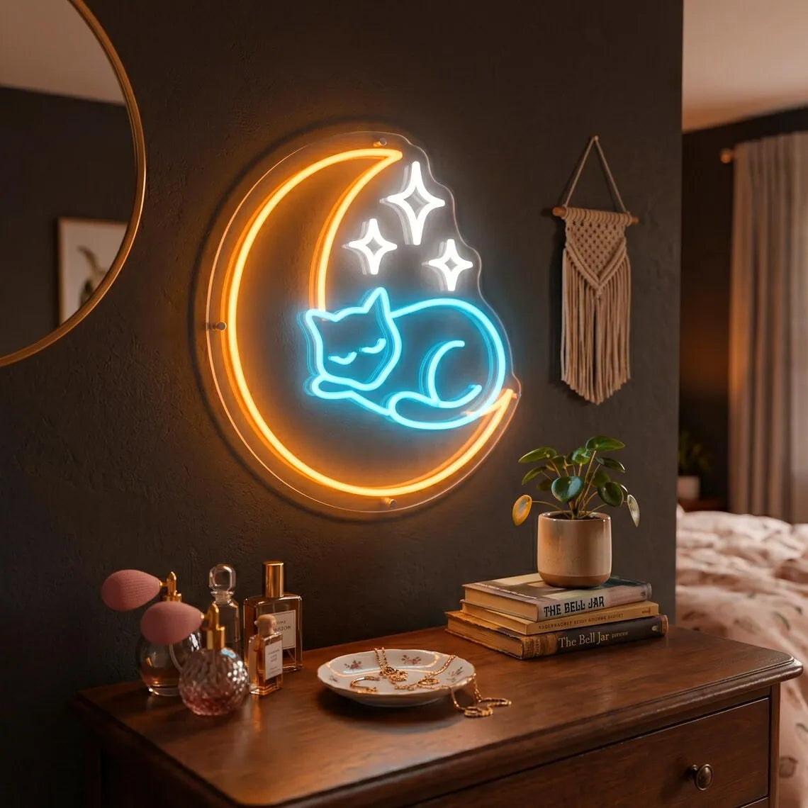 Moon and Sleeping Cat Neon