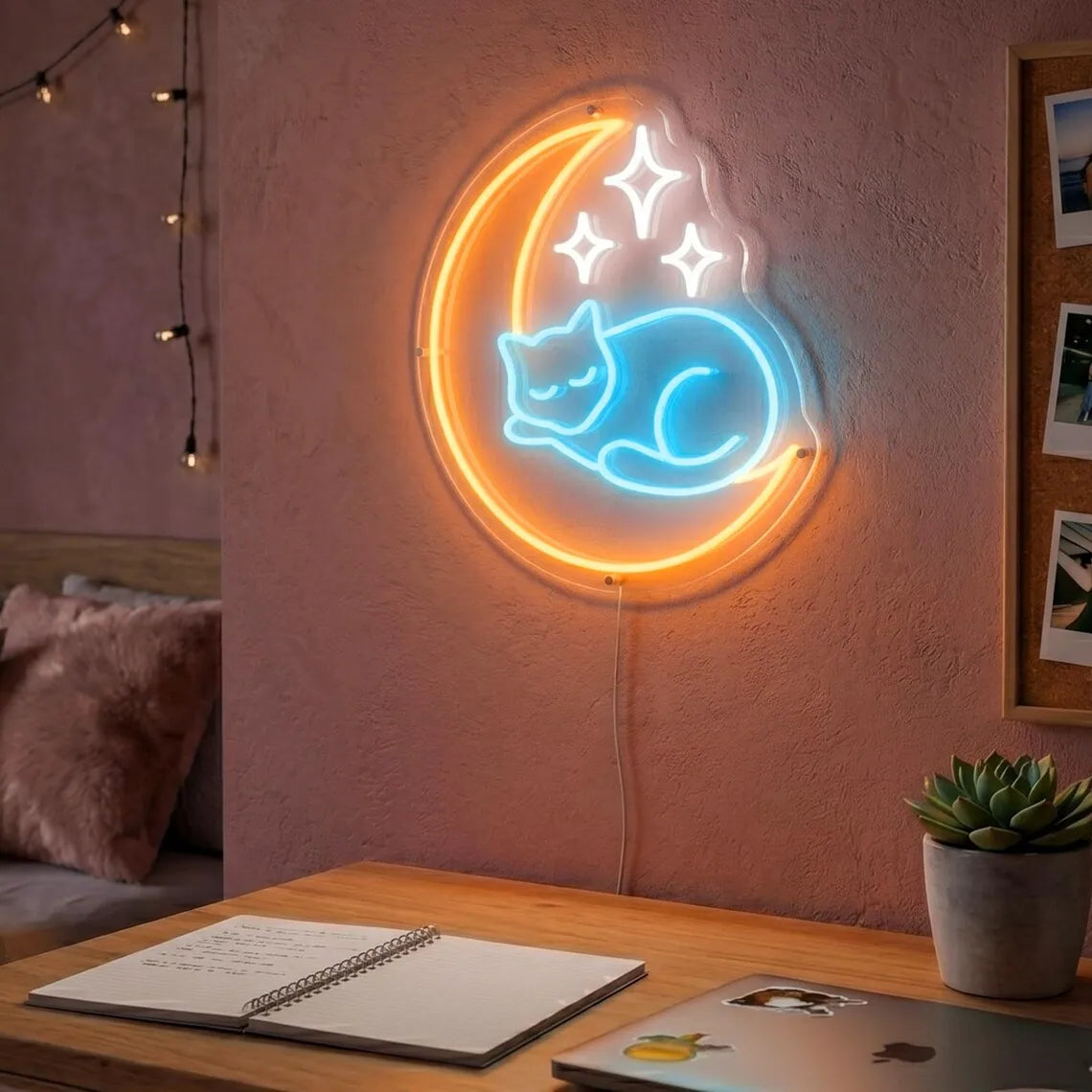 Moon and Sleeping Cat Neon