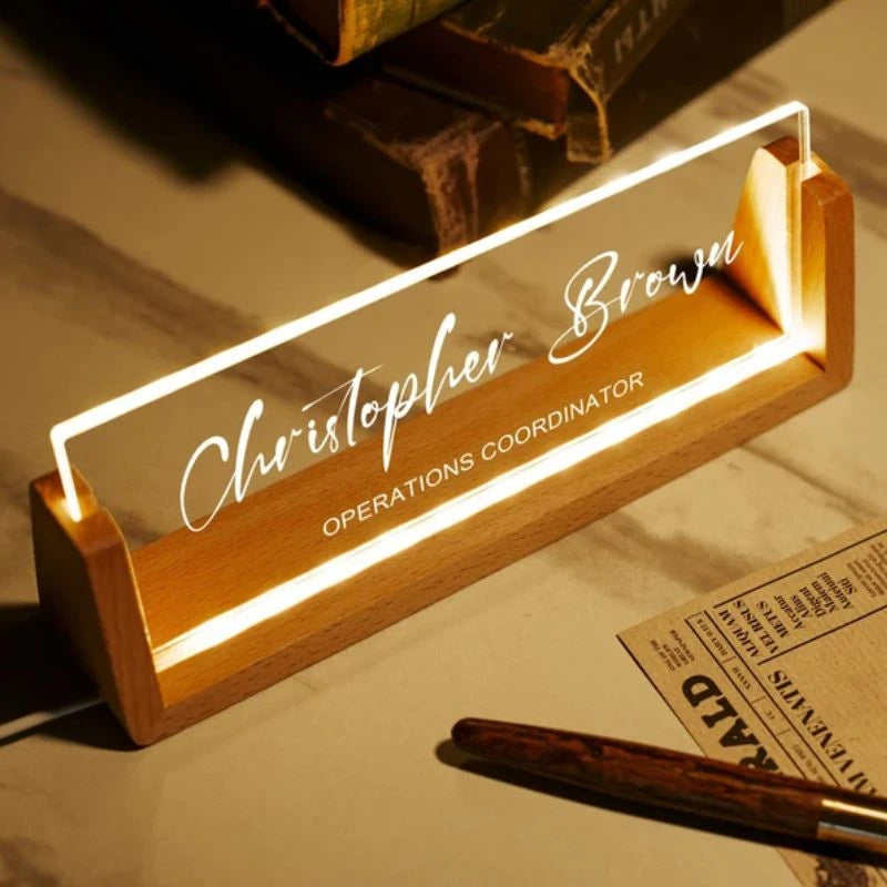 Personalized Desk LED Name Plate With Wooden Base