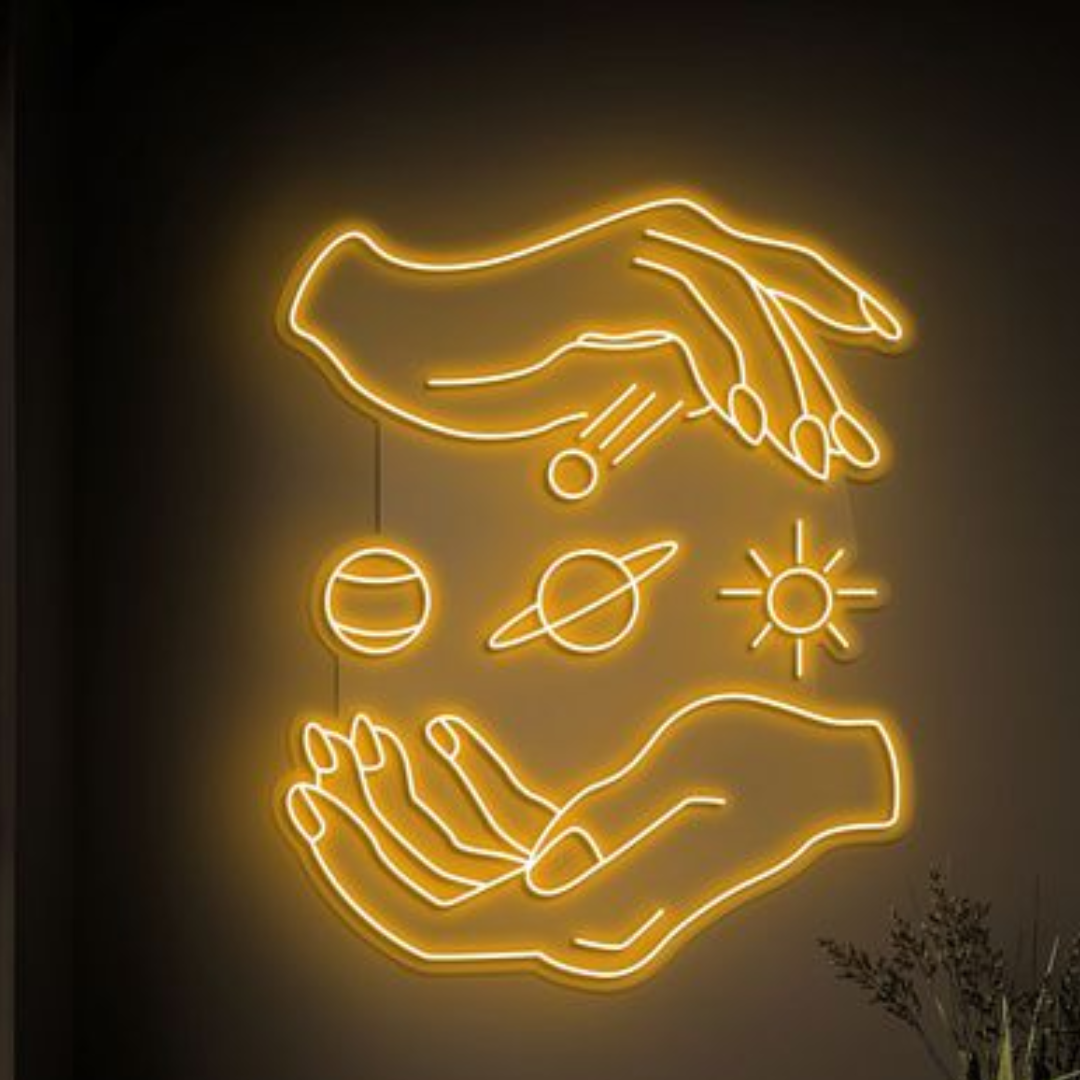 Planets in Hand Neon Sign