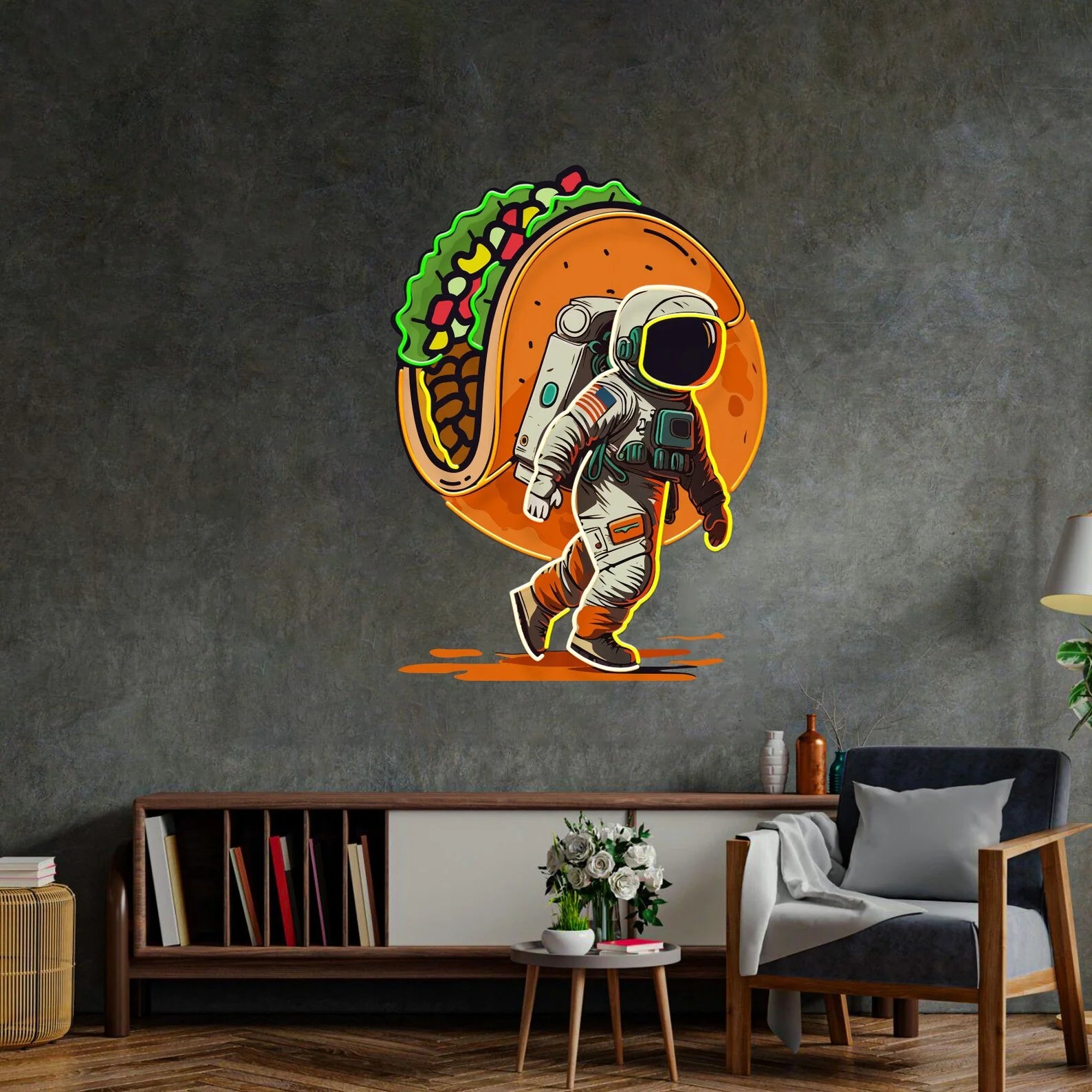 Astronaut Carrying Tacos UV Print Neon Sign