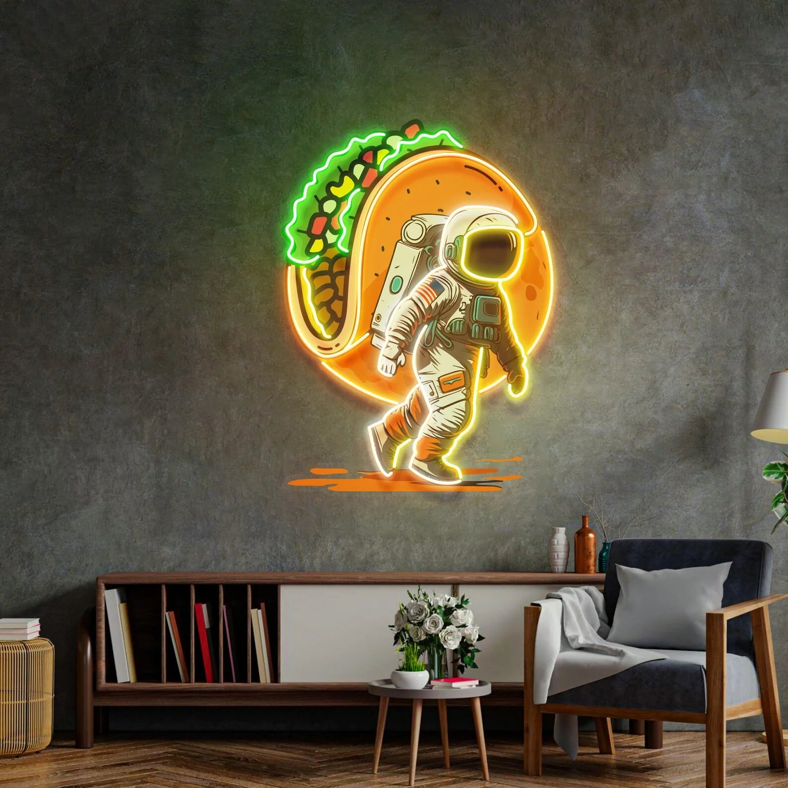 Astronaut Carrying Tacos UV Print Neon Sign