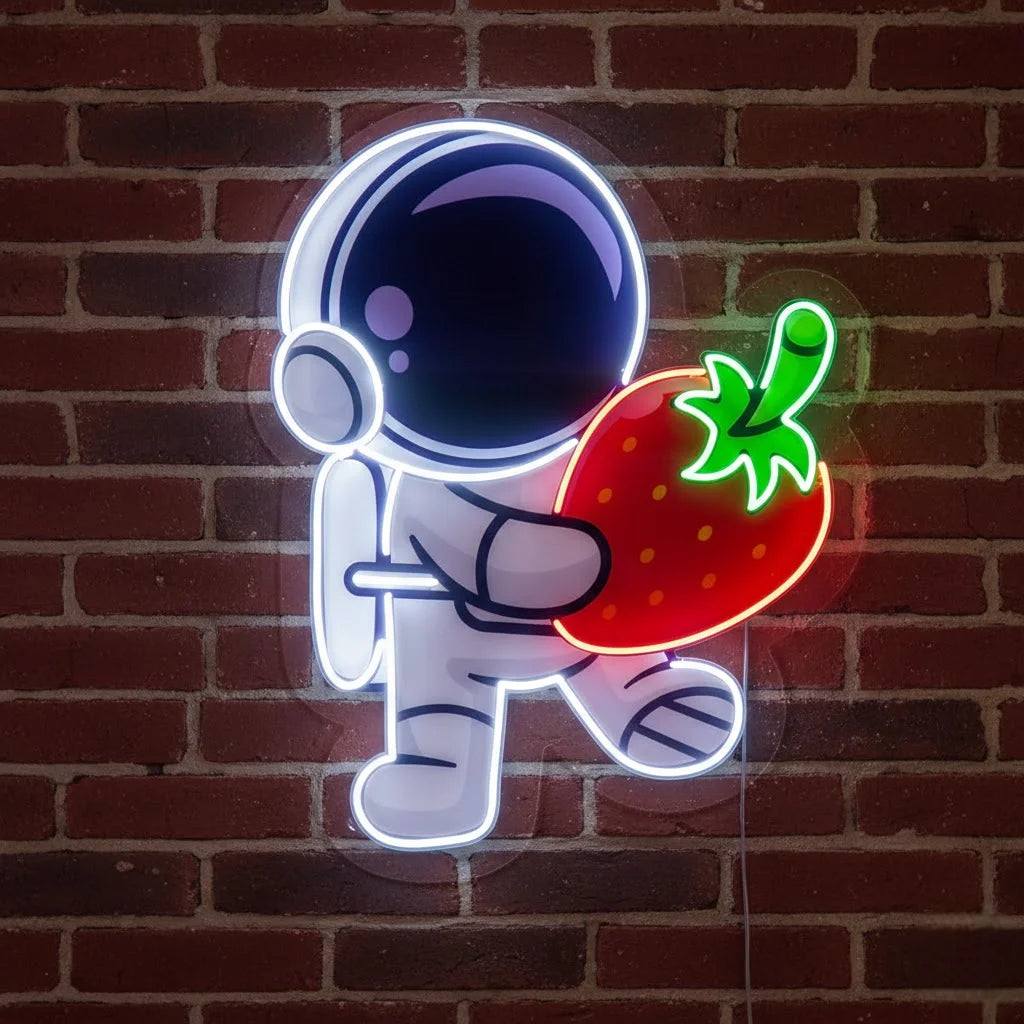 Astronaut Holding Strawberry Personalised UV Print Neon Lights