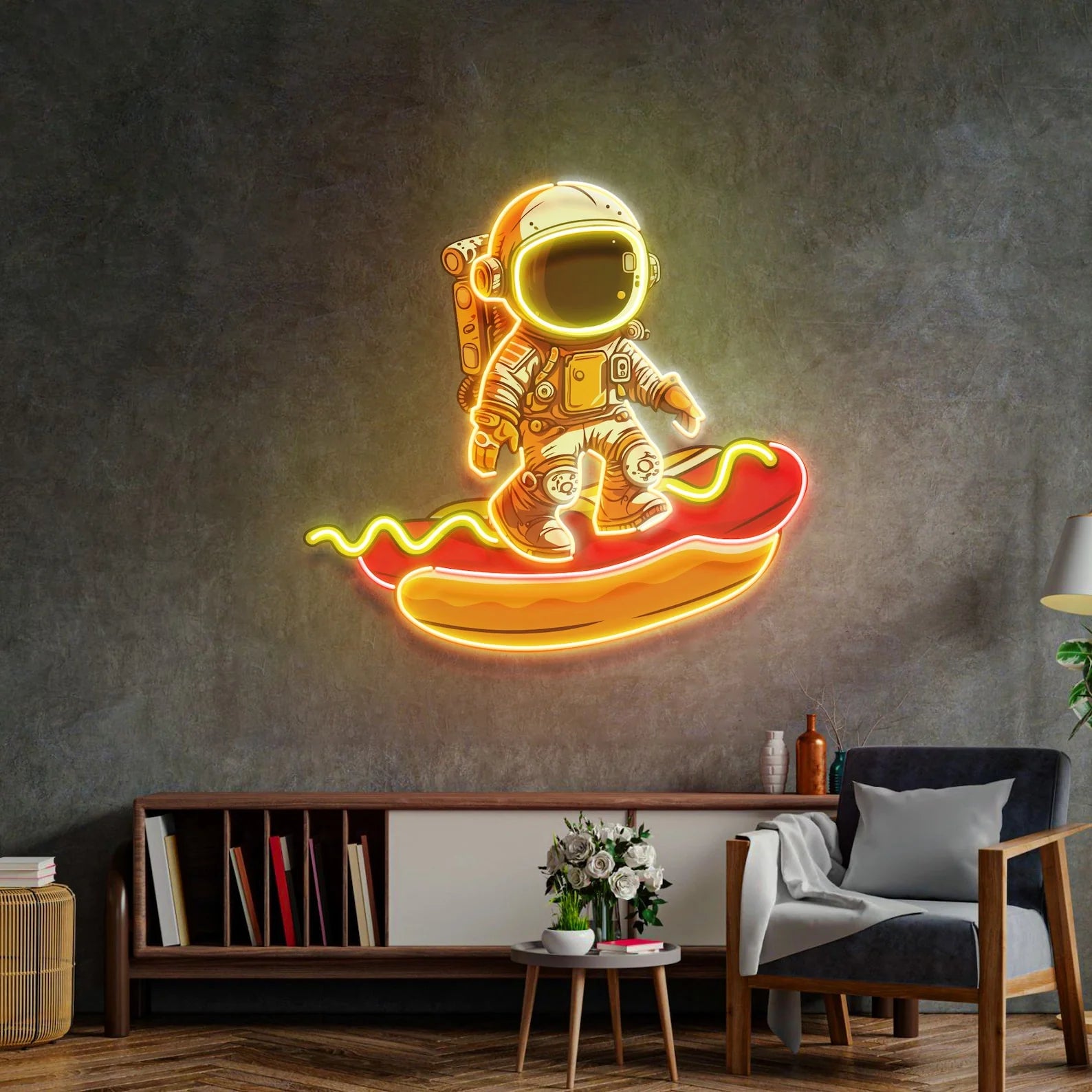 Astronaut On Hot Dog Neon Sign