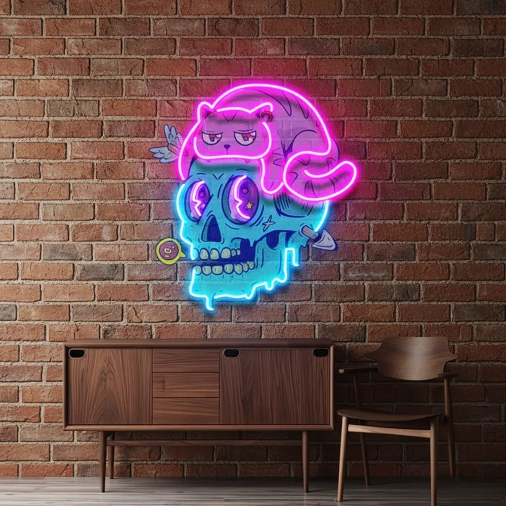 Cat And Skull Personalised UV Print Neon Lights